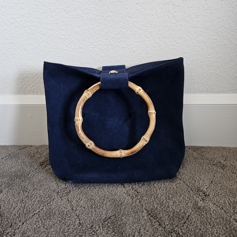 Ann Mashburn Navy Blue Suede Bag with Bamboo Handle